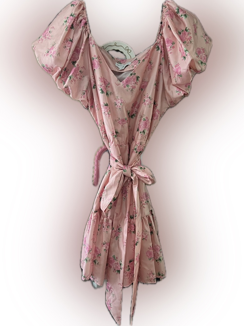LoveShackFancy Blush Pink Floral Satin Dress with Puff Sleeves